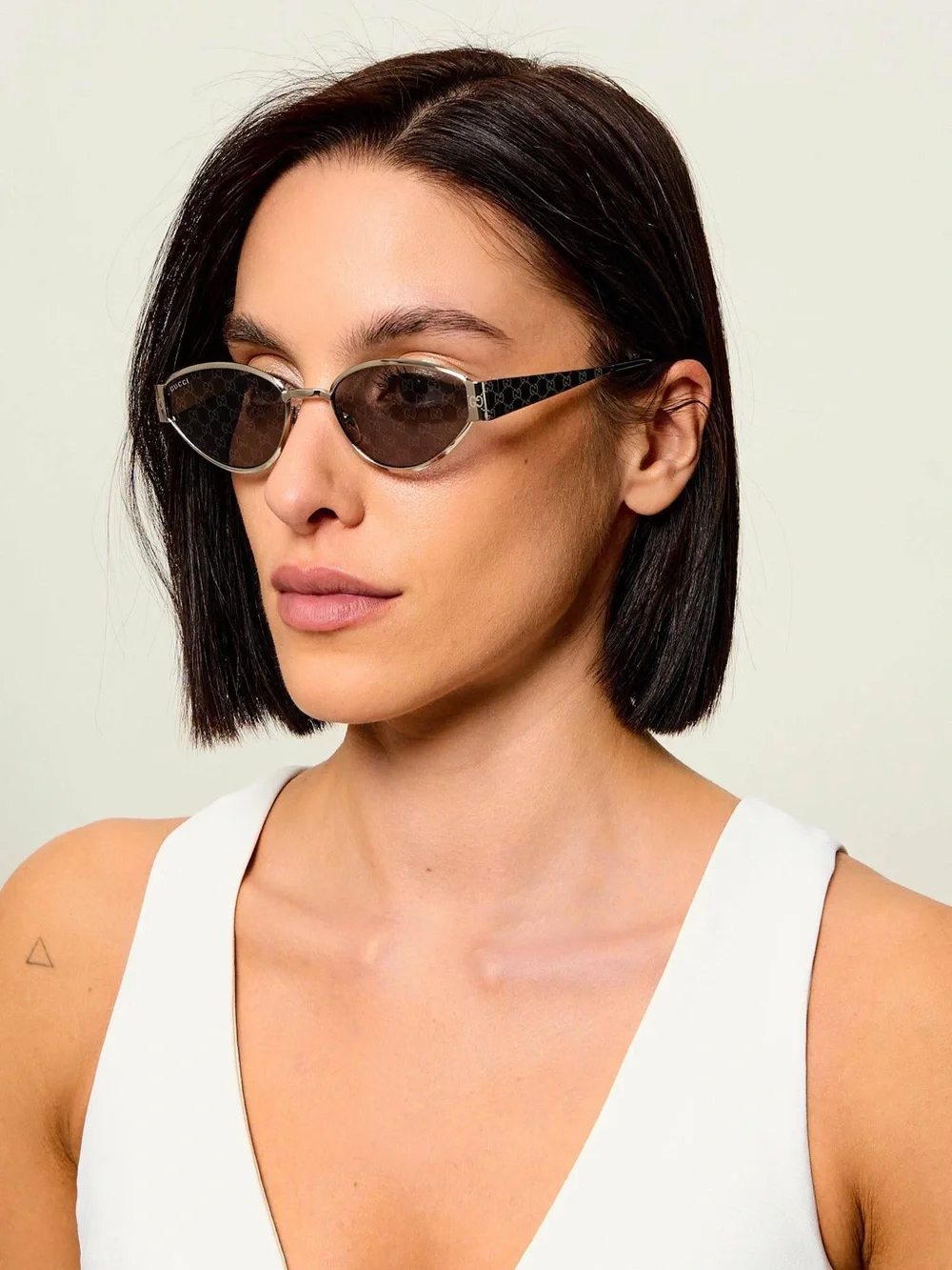 New Gucci GG1853S 002 Silver Cat-Eye Sunglasses with Monogram Temples Authentic